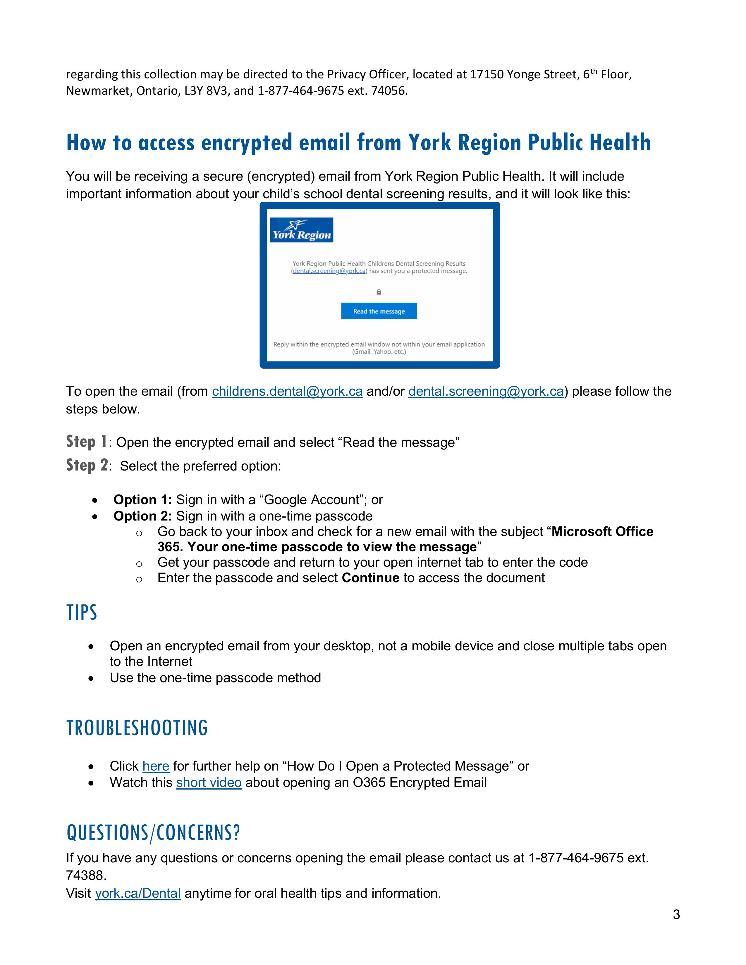 Page 3 of the YRPH Dental Screening Flyer